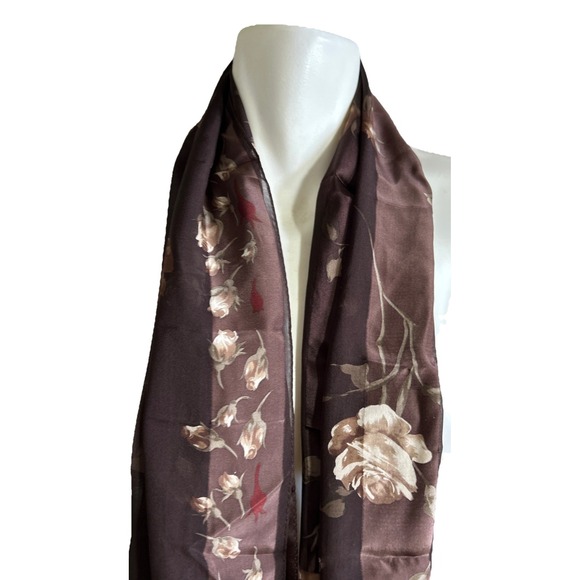 Halston's Silk Scarf Brown With Flowers 100% Silk - Picture 1 of 8